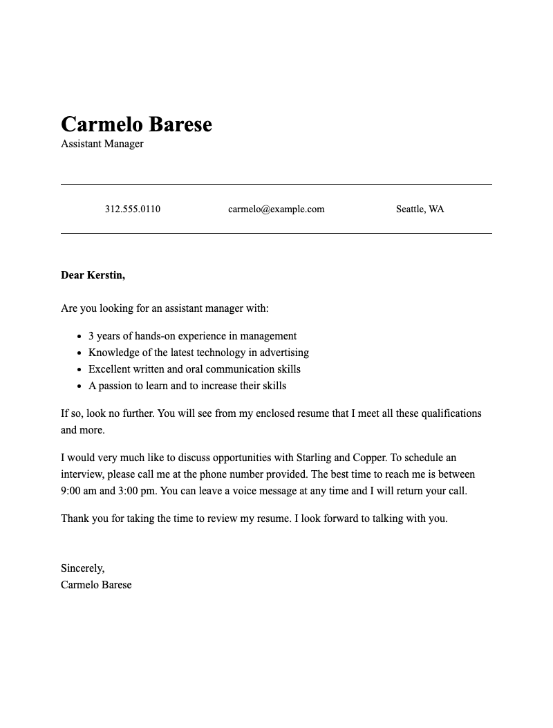 Classic management cover letter - Professional job application letter for management roles with structured formatting and personalized introduction.